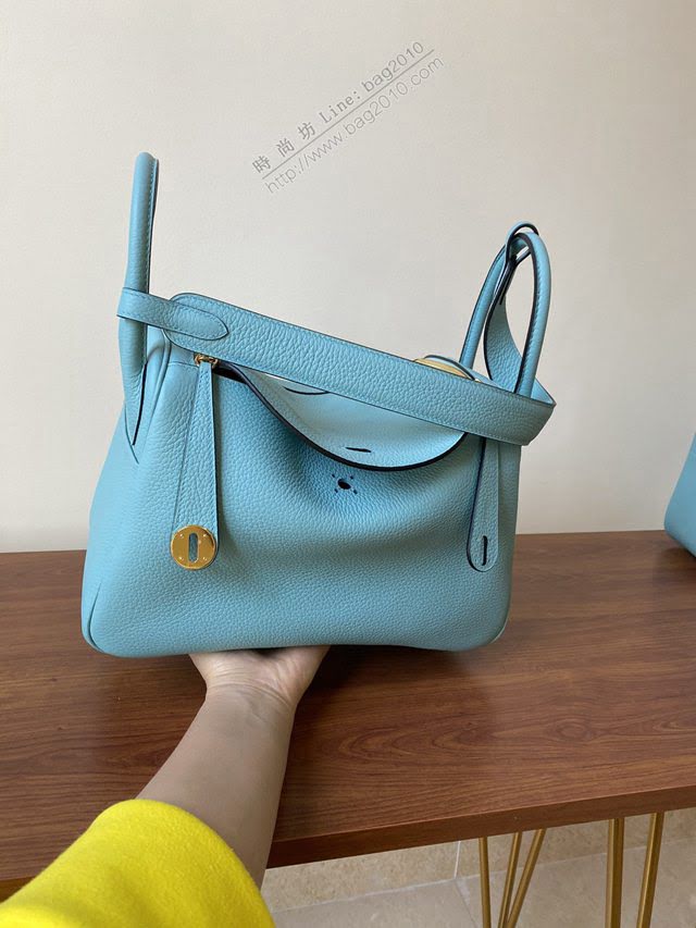 Hermes女包 愛馬仕lindy togo皮 金扣 銀扣 Hermes手提肩背包 瑪卡龍藍  am1952